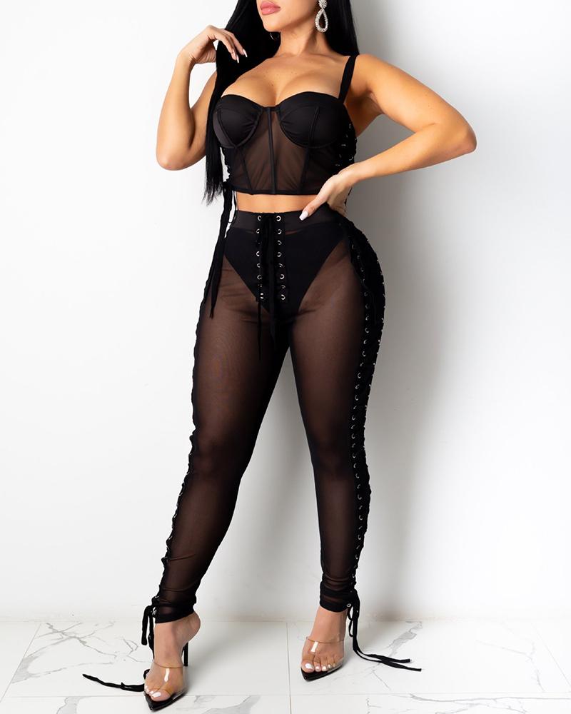 

Eyelet Lace-up Bodice Top & Sheer Mesh Pants Set, Black