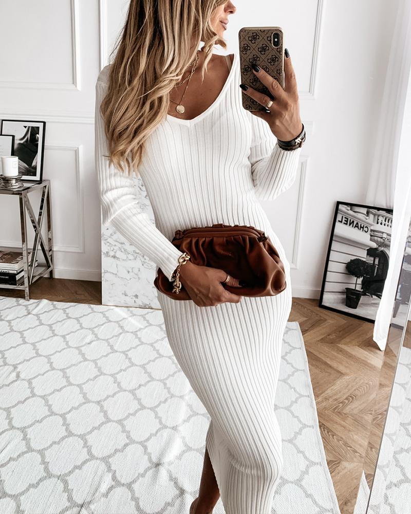 

Plain Ribbed Long Sleeve Skinny Dresses, White