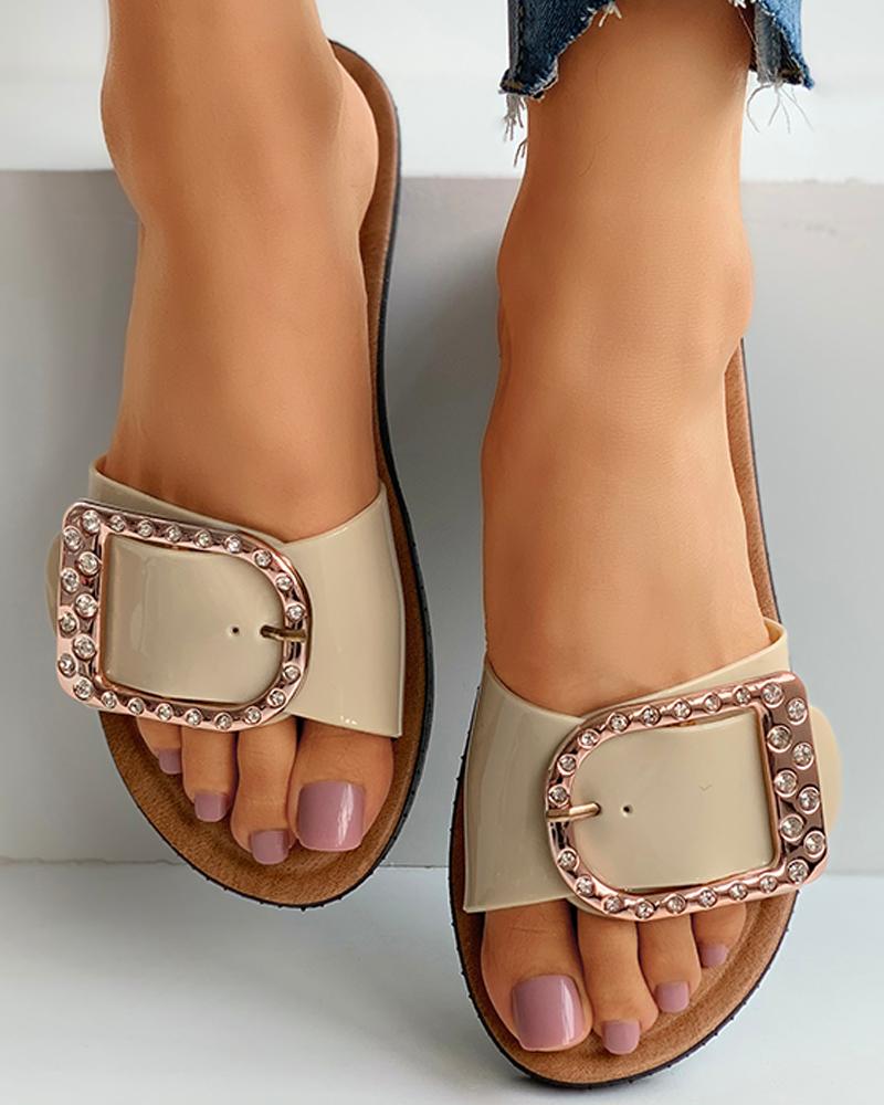 

Studded D-Buckle Design Flat Sandals, Beige