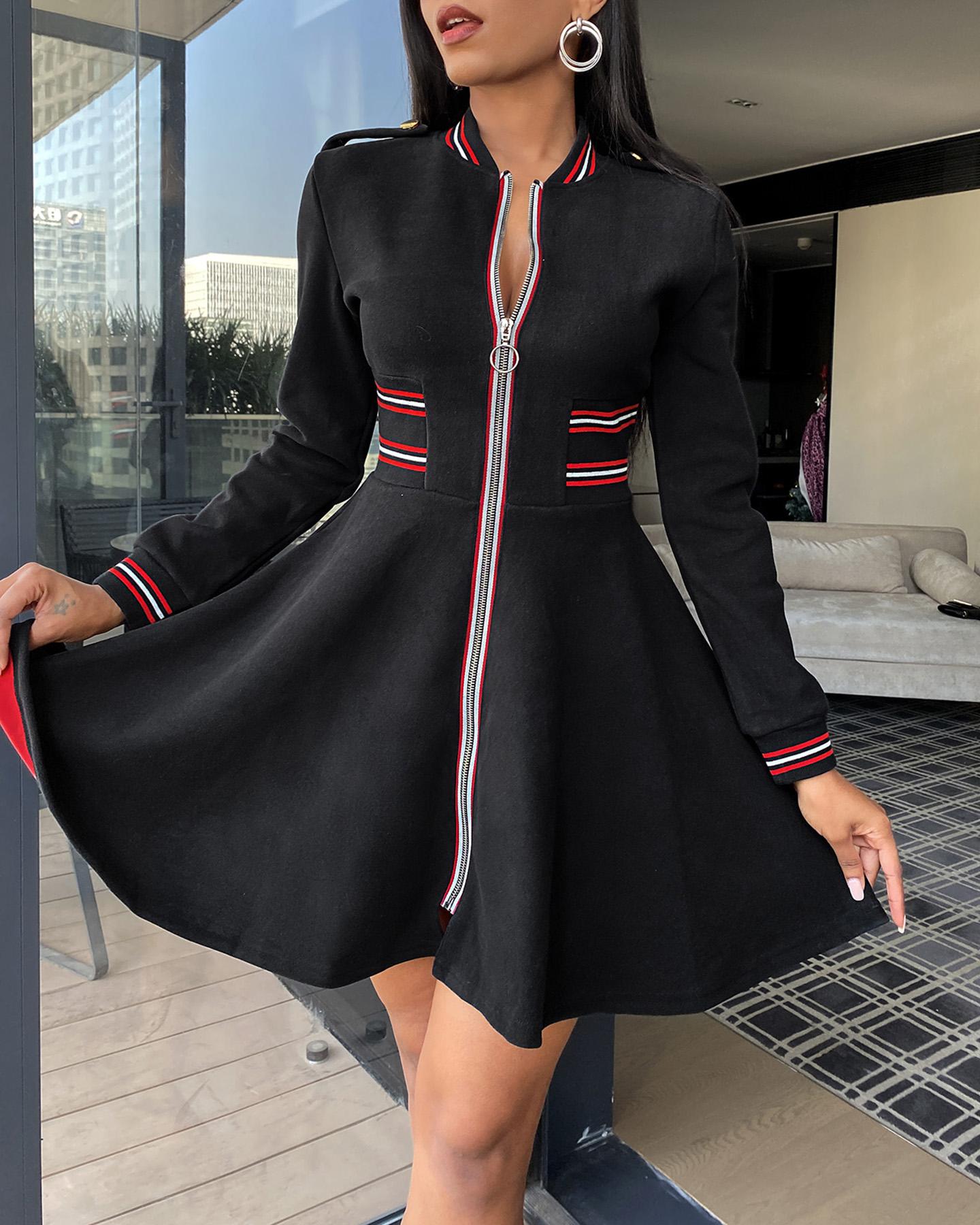 

Long Sleeve Skinny Zipper Design Mini Dress, Black