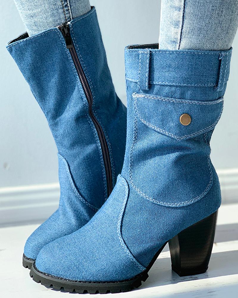 

Button Decor Denim Chunky Boots, Blue