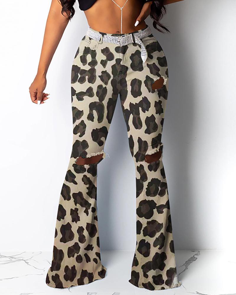 

Camouflage Distressed Bell Bottom Pants, Beige