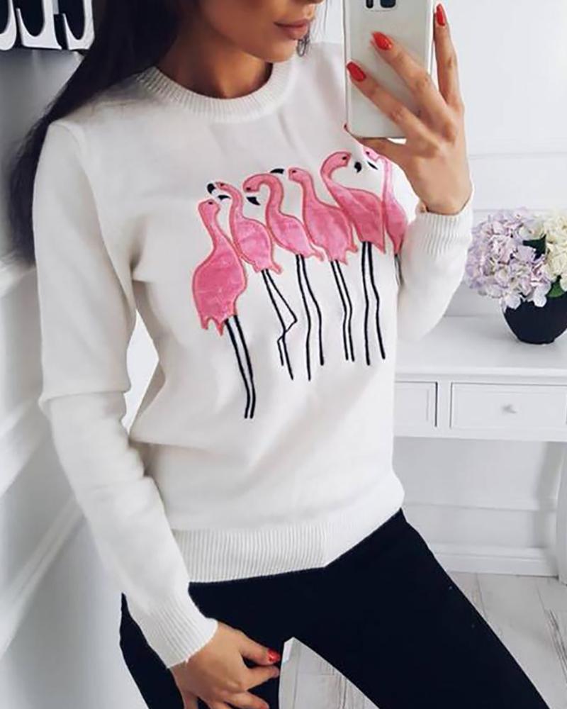 

Flamingo Embroidery Crew Neck Sweatshirt, White