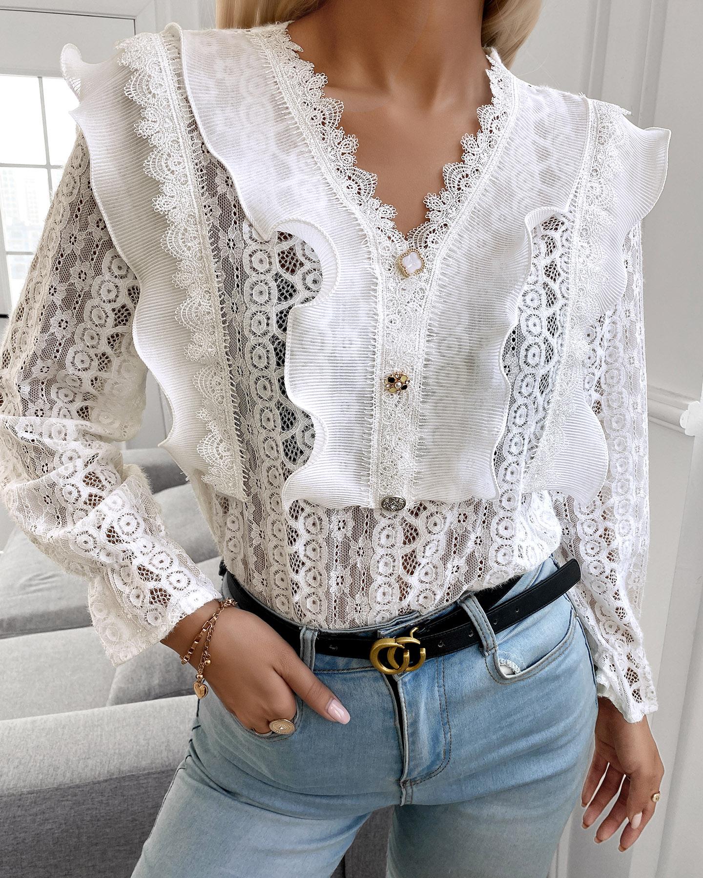 

Ruffle Hem Plain Lace Edge Long Sleeve Women Top, White