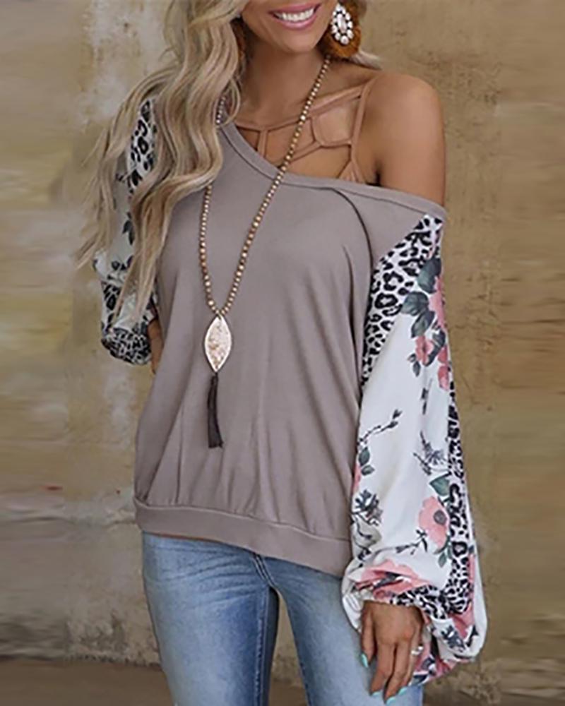 

Floral Cheetah Print Lantern Sleeve Top, Gray