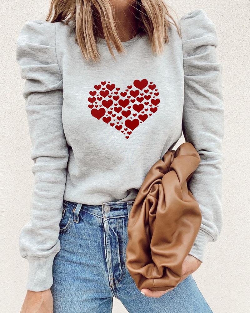 

Puffed Sleeve Heart Print Casual Sweatshirt, Gray