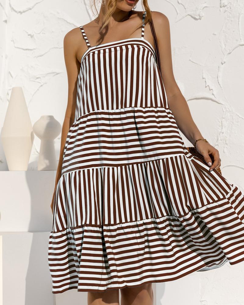 

Striped Colorblock Spaghetti Strap Casual Dress, Coffee