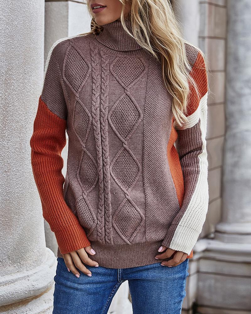 

Colorblock Long Sleeve Side Slit Cable Knit Sweater, Brown