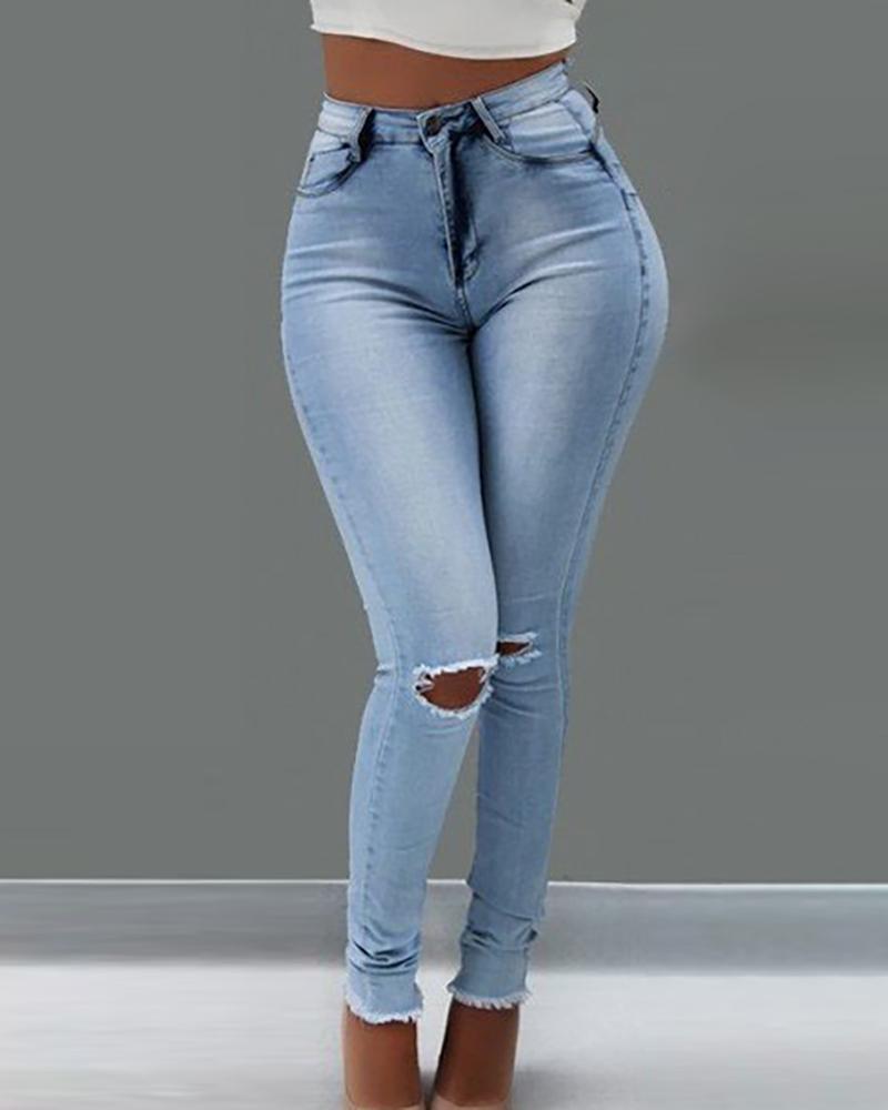 

High Waist Pockets Ripped Denim Pants, Light blue
