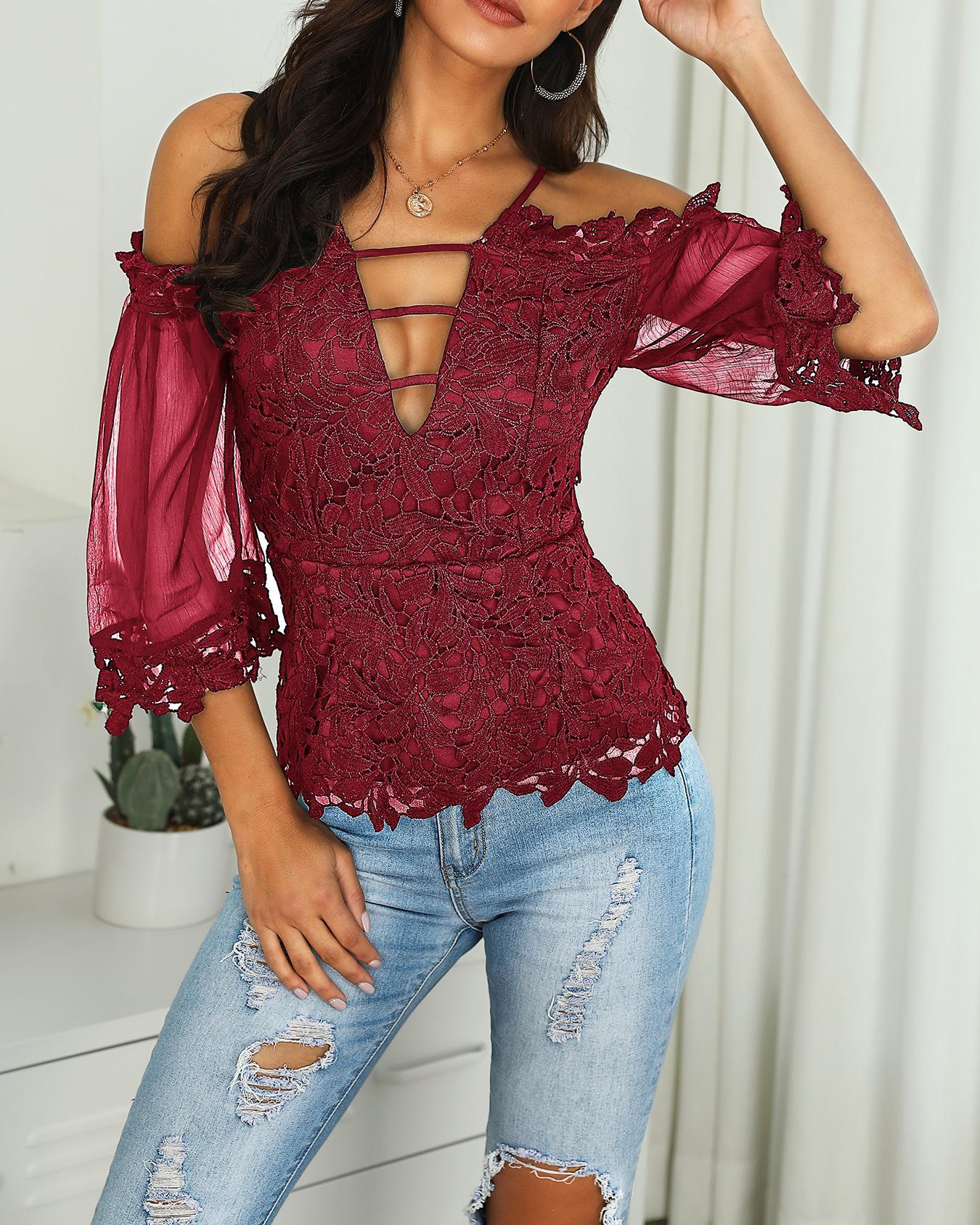 

Cold Shoulder Guipure Lace Zipper Back Blouse, Wine red
