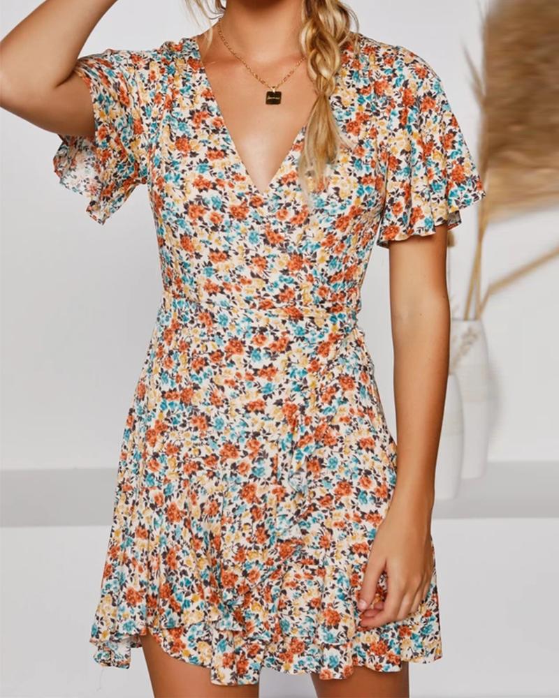 

Floral V Neck Fit & Flare Dress, Multicolor