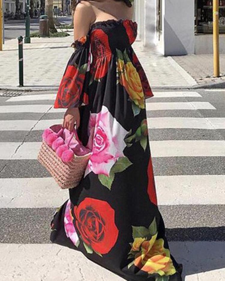 

Off Shoulder Shirring Floral Print Maxi Dress, Black