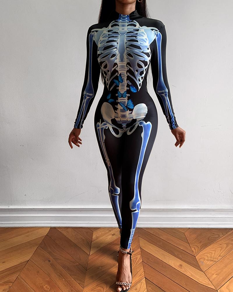 

Skull Skeleton Print Zip Back Halloween Costume Jumpsuit, Style1