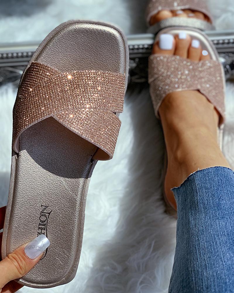 

Open Toe Studded Flat Sandals, Champagne