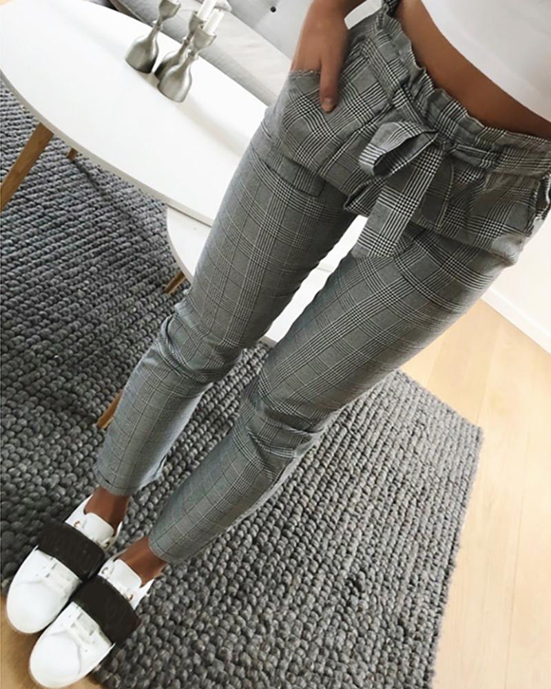 

Houndstooth Print Paperbag Waist Pants, Gray