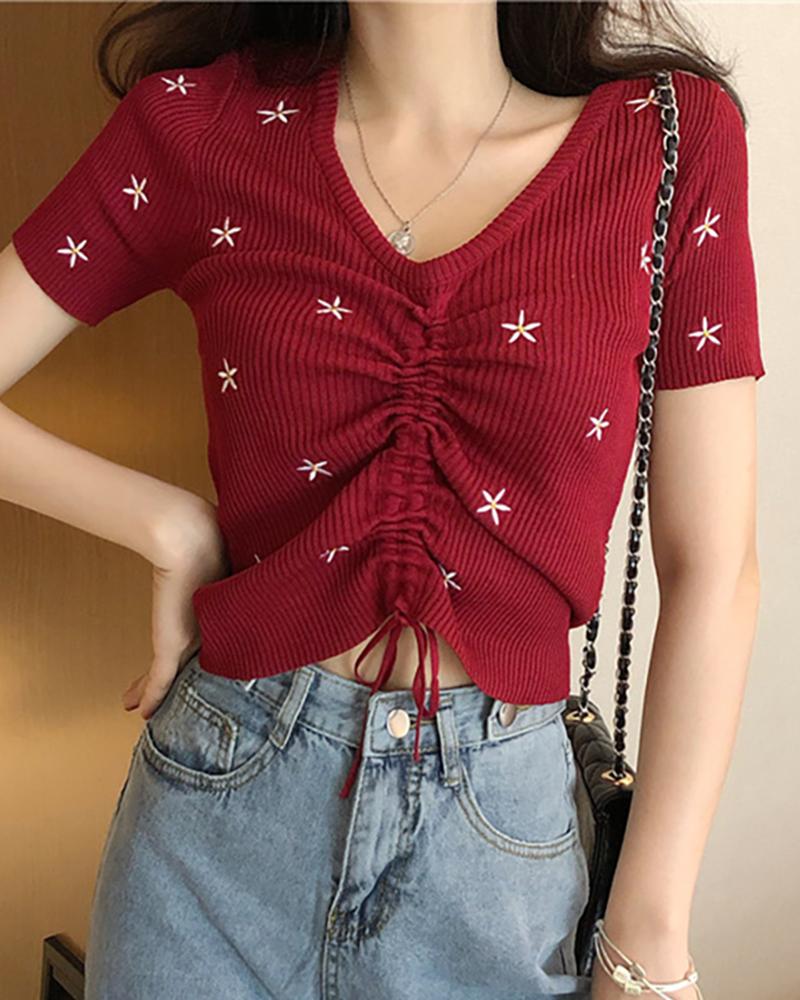 

Floral Embroidery Drawstring Ribbed T-shirt, Red