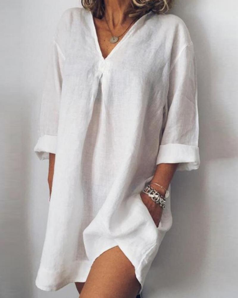 

Solid Three Quarter Sleeve Loose Mini Dress, White