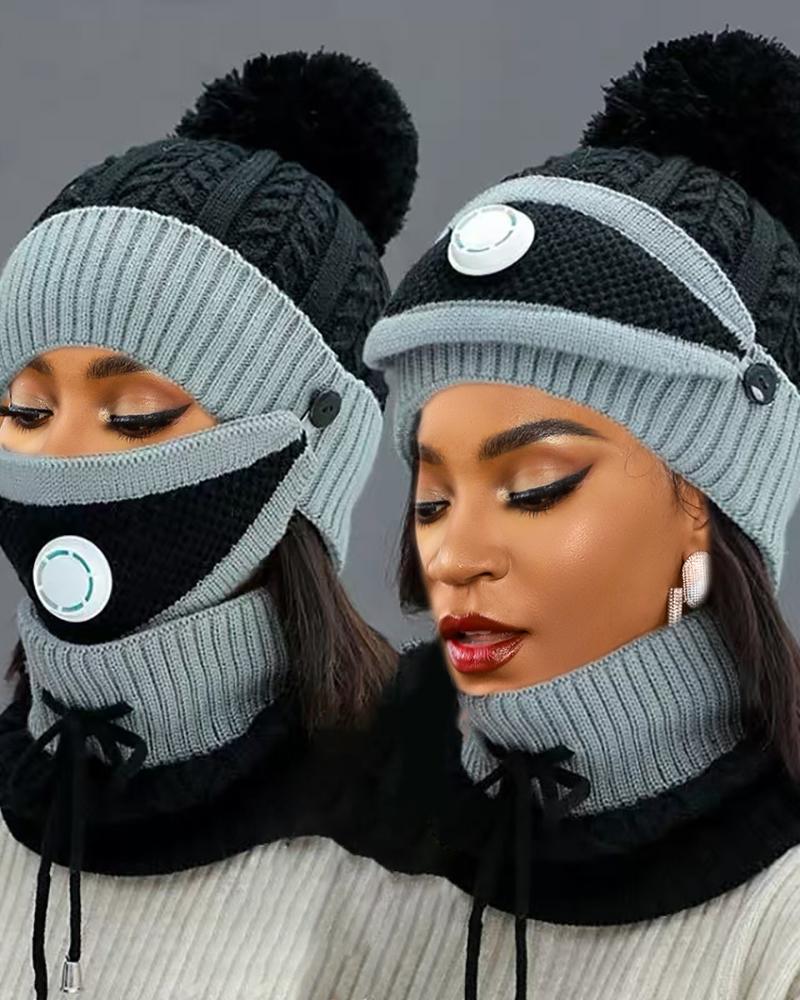 

Knit Pom Pom Beanie With Scarf & Vavle Face Mask, Black