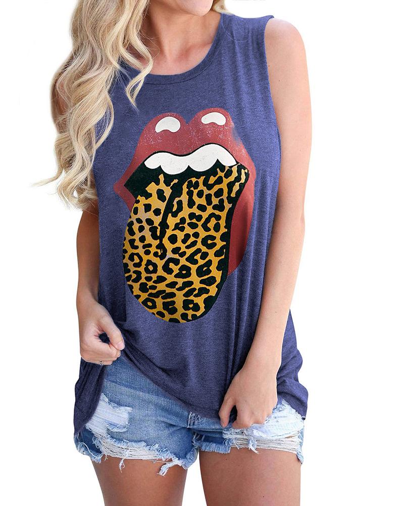 

Lip Cheetah Print Casual Tank Top, Blue