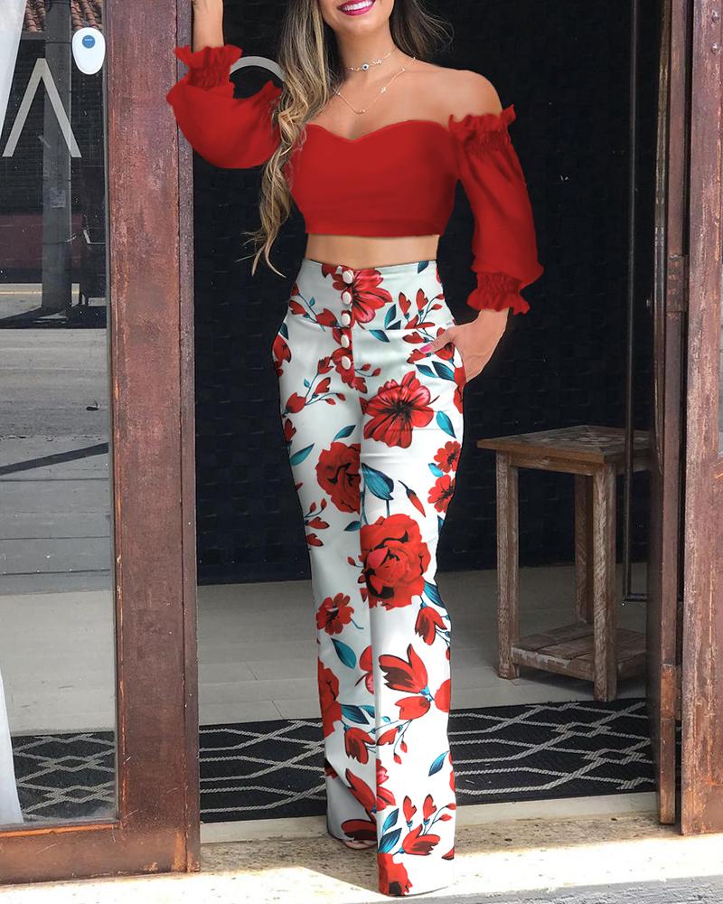 

Plain Off Shoulder Top & Floral Print Buttoned Pants Set, Red