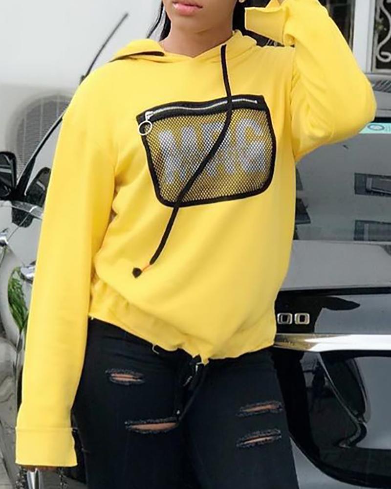 

Letter Print Fishnet Mesh Hooded Top, Yellow