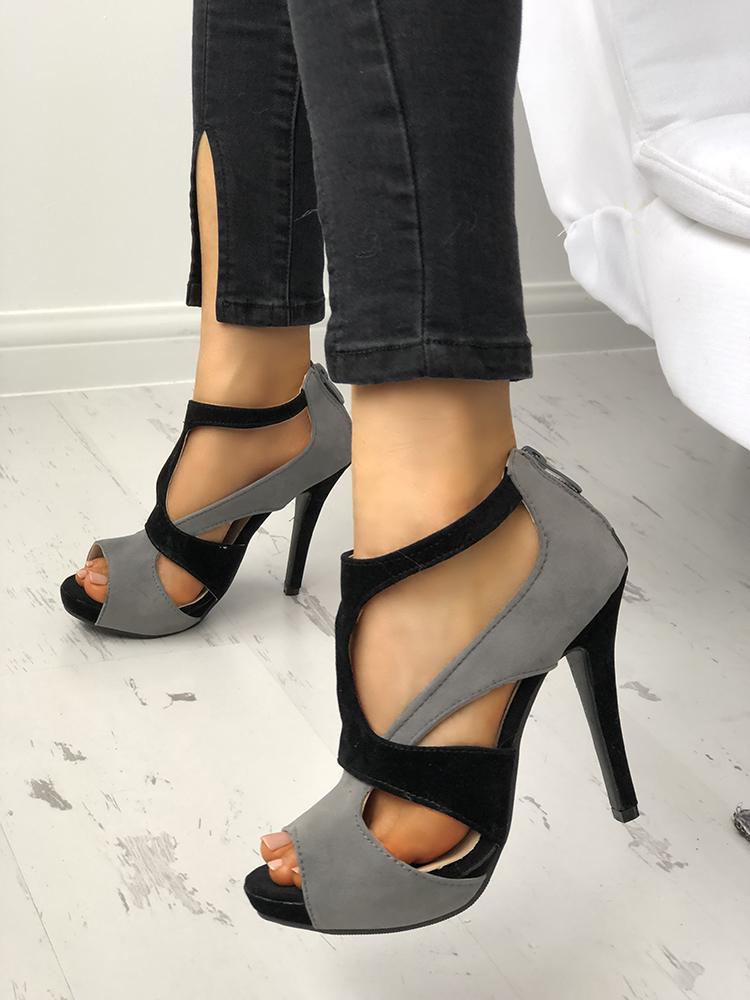 

Cutout Splicing Peep Toe Heeled Sandals, Black