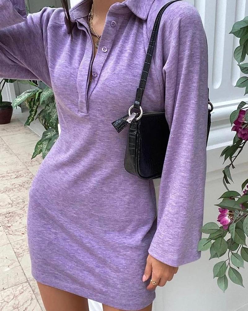

Plain Button Design Casual Dress, Purple