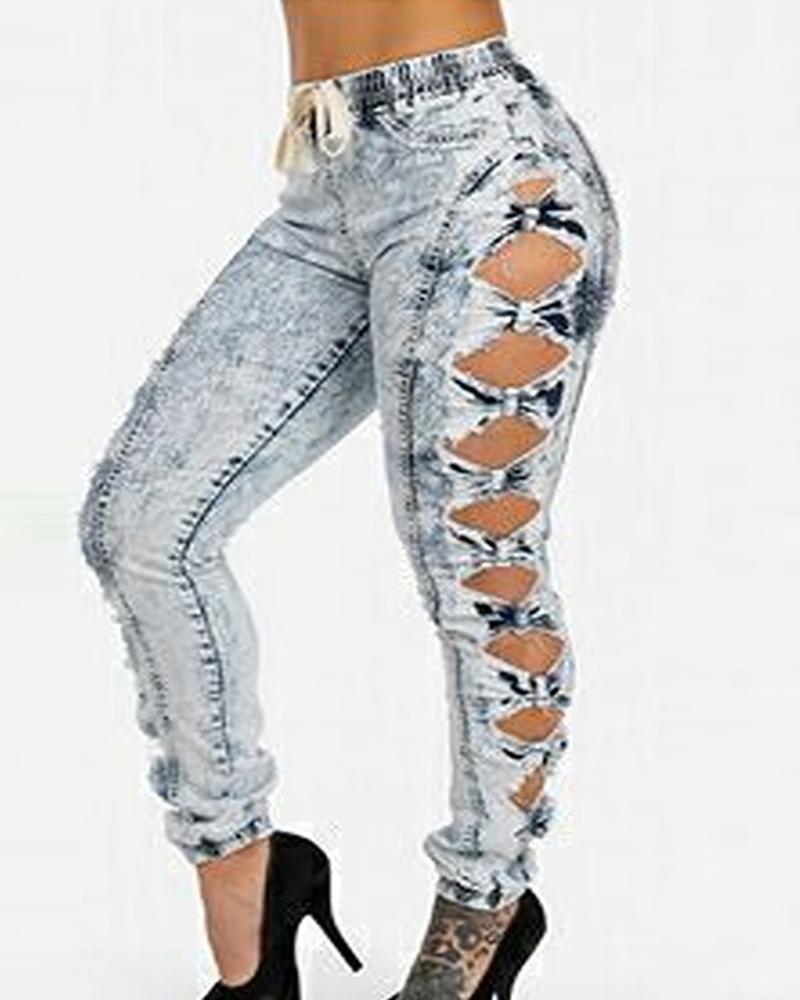 

Twisted Cutout Drawstring Denim Pants, Light blue