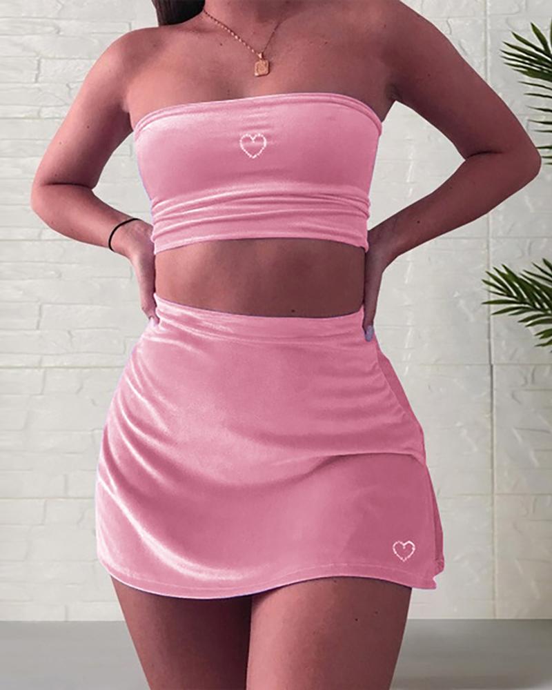 

Heart Print Off Shoulder Crop Top & Skirt Set, Pink