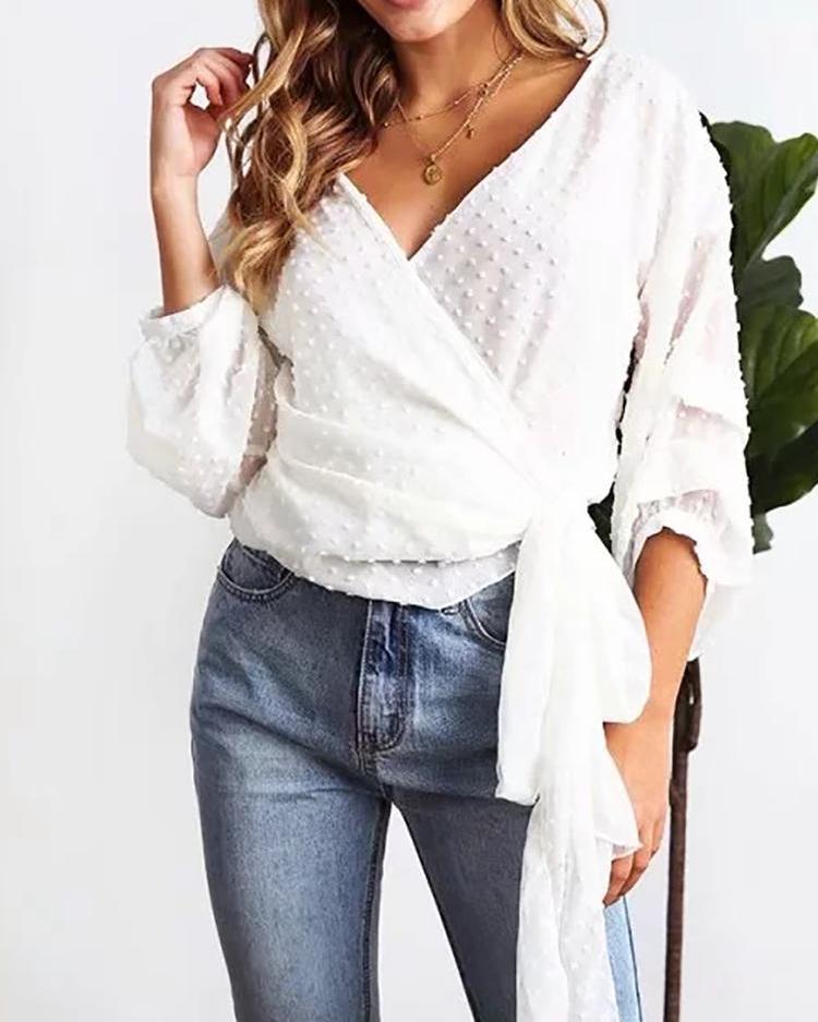 

Solid Dot Puffed Sleeve Tied Front Blouse, White