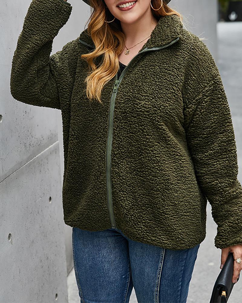 

Plus Size Long Sleeve Zip Teddy Hooded Coat, Green