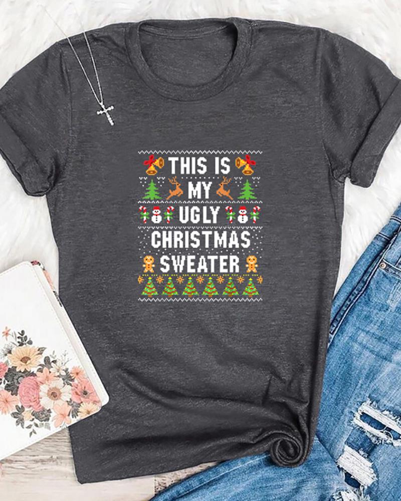 

Christmas Letter Print Short Sleeve Casual T-Shirt, Gray