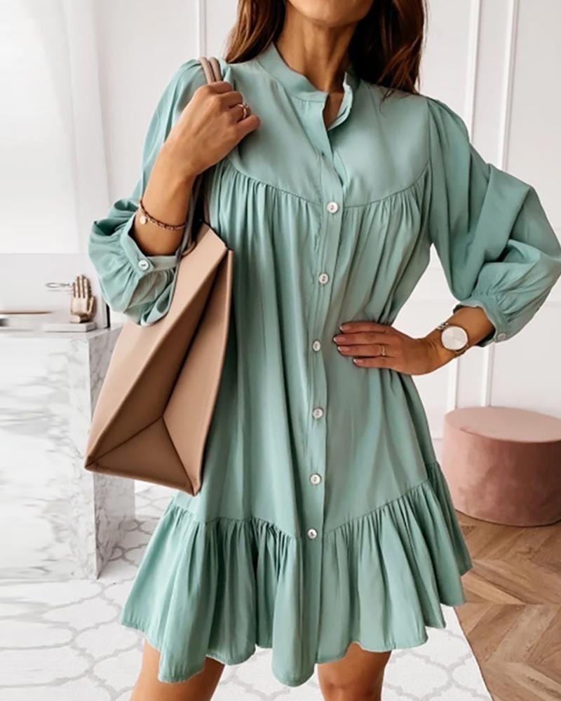 

Button Design Lantern Sleeve Casual Dress, Light blue