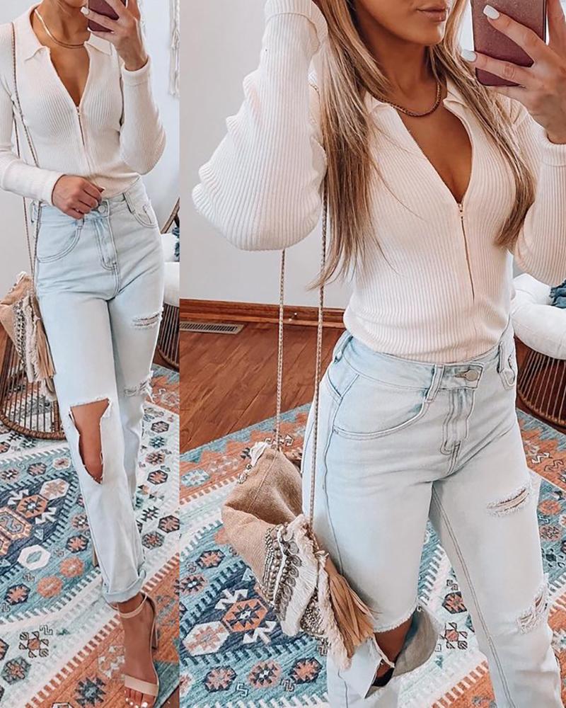 

Zipper Design Knit Long Sleeve Top, White