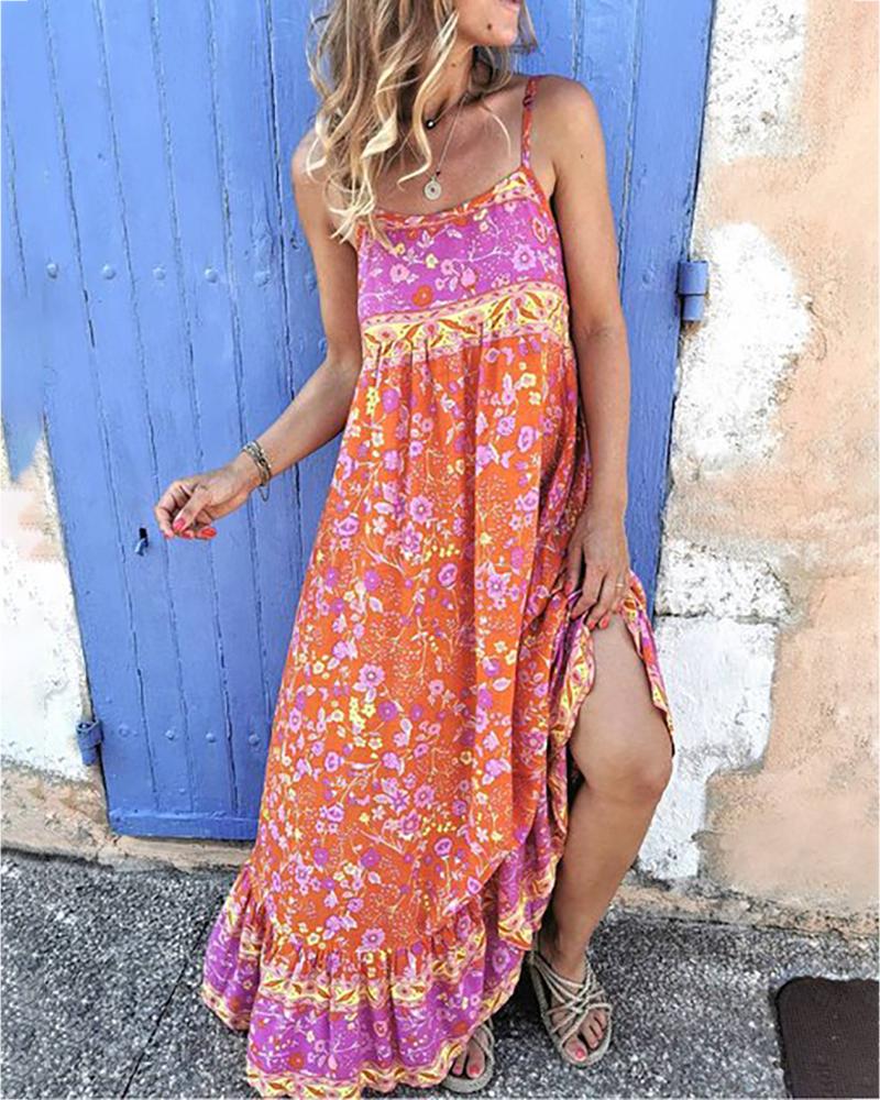 

Spaghetti Strap Print Maxi Dress, Red