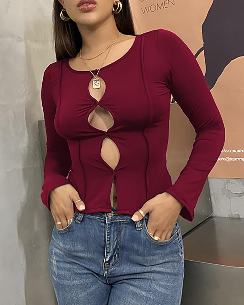 

Cutout Front Long Sleeve Top, Wine red