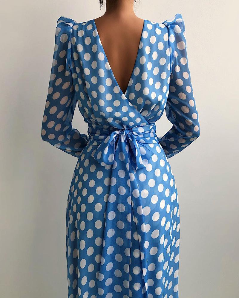 

Puffed Sleeve Polkadot Print High Slit Dress, Blue