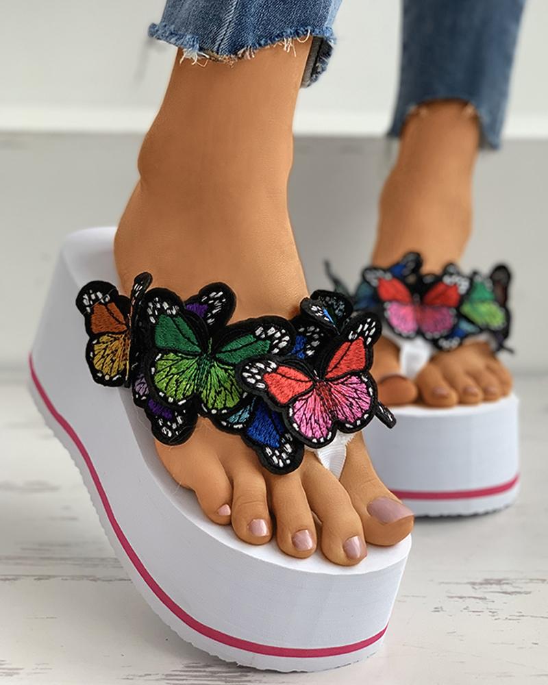 

Butterfly Pattern Toe Post Wedge Heeled Sandals, White