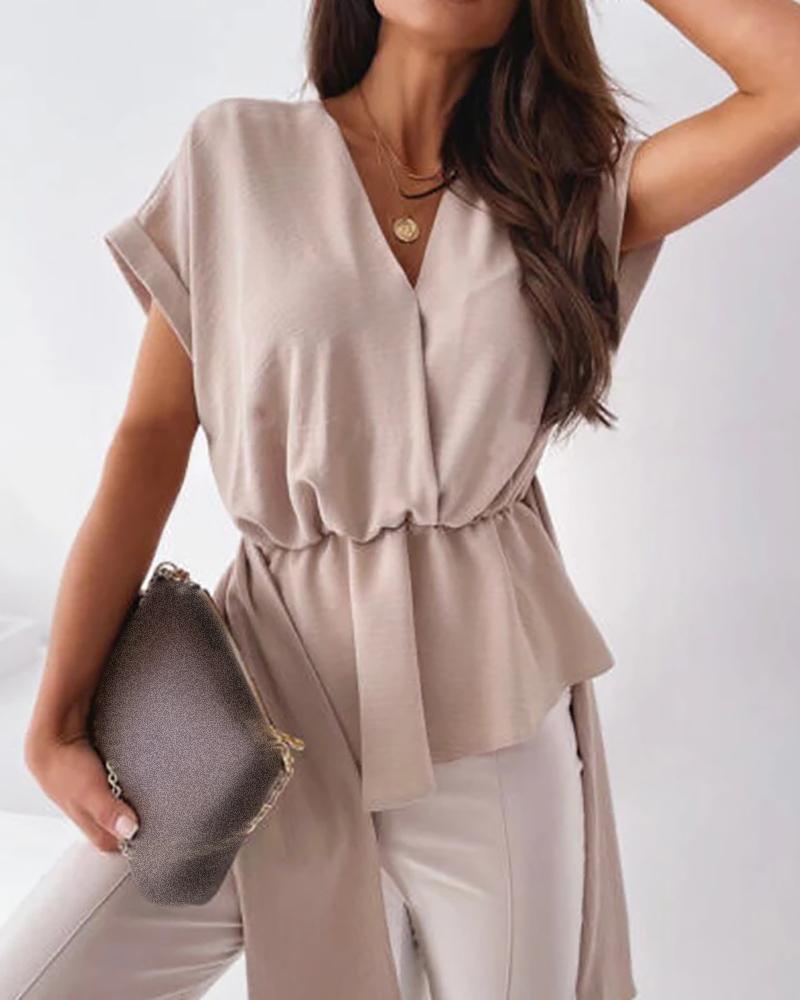 

Short Sleeve Tied Detail V-Neck Basic Top, Khaki