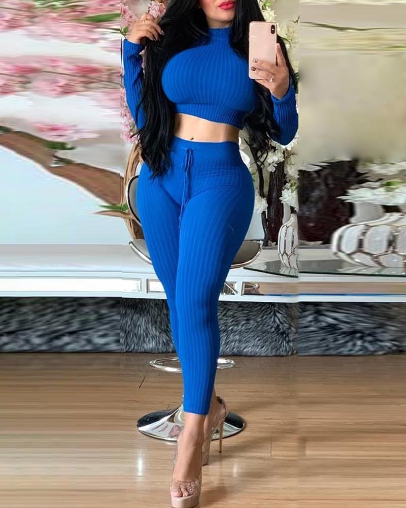 

Ribbed High Neck Top & Drawstring Pants Sets, Blue