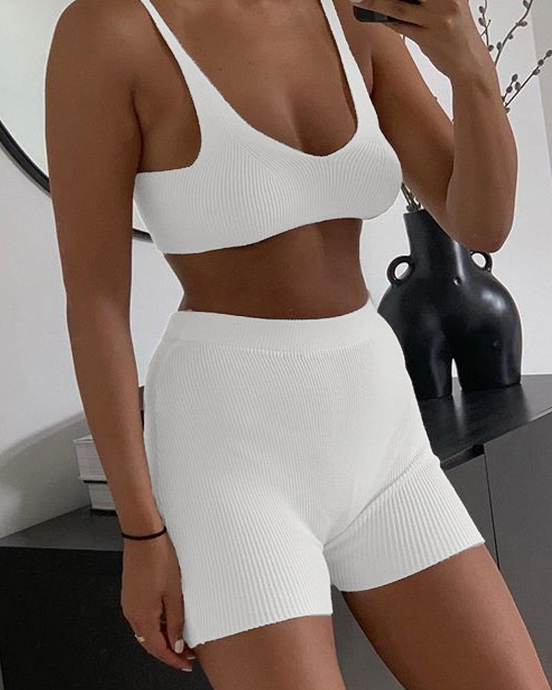 

Ribbed U Neck Tank & Shorts Set, White
