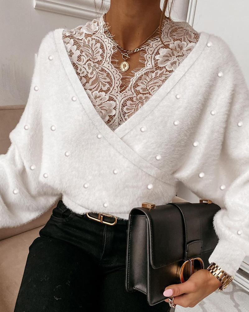 

Beaded Lace Trim Fluffy Wrap Women Top, White