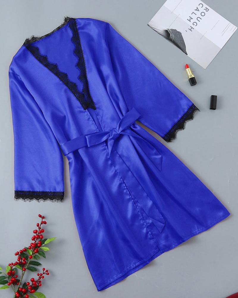 

Lace Trim Long Sleeve Robe, Blue