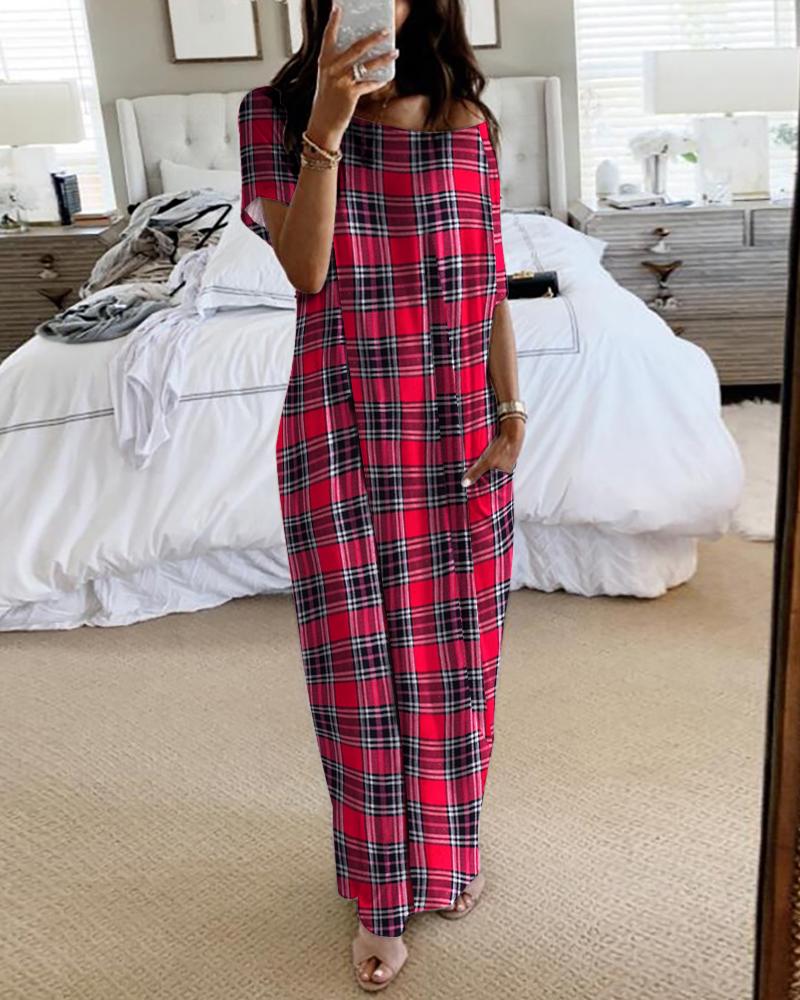 

Plaid Pocket Design Casual Women Dress, Red
