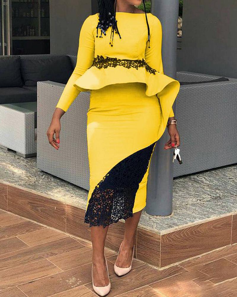 

Lace Insert Ruffle Midi Dress, Yellow