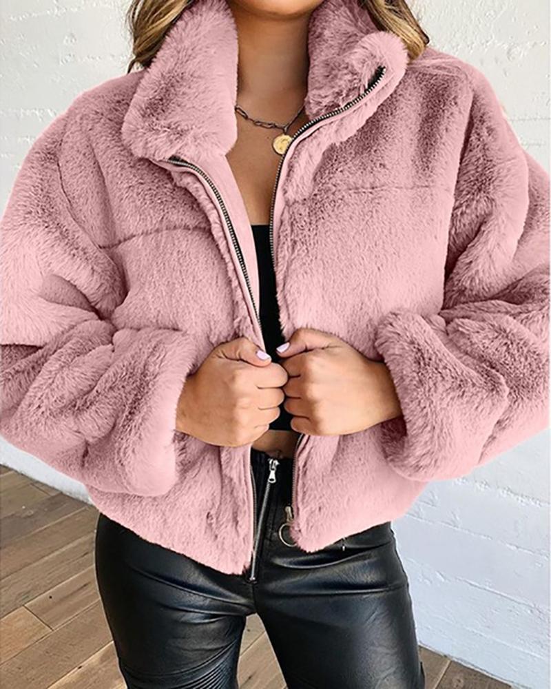 

Zipper Design Long Sleeve Teddy Coat, Pink