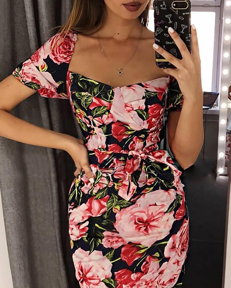 floral print sweetheart neck bodycon dress