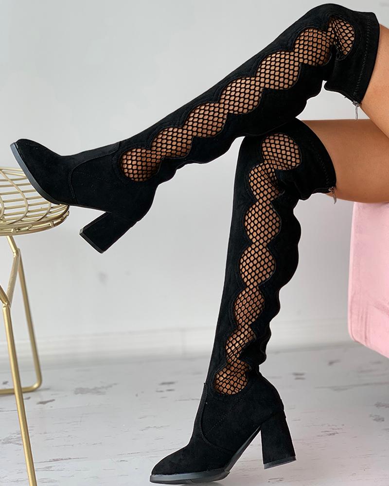 

Fishnet Mesh Over The Knee Chunky Boots, Black