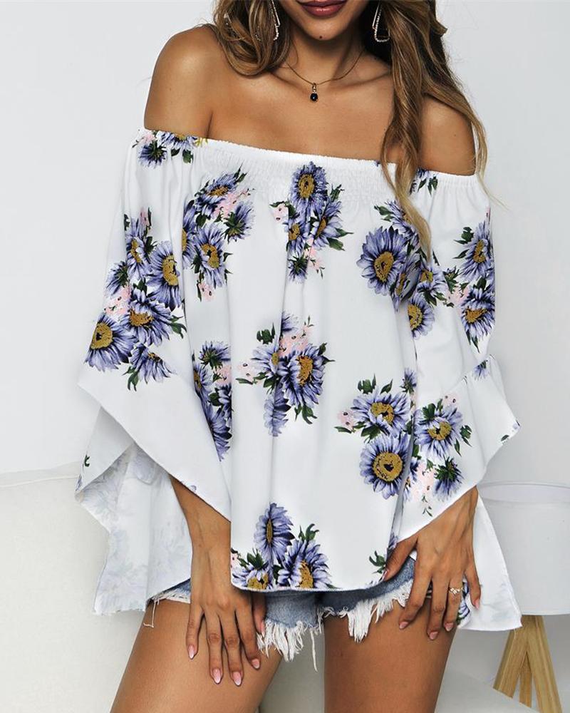 

Off Shoulder Sunflower Print Ruffles Top, Purple