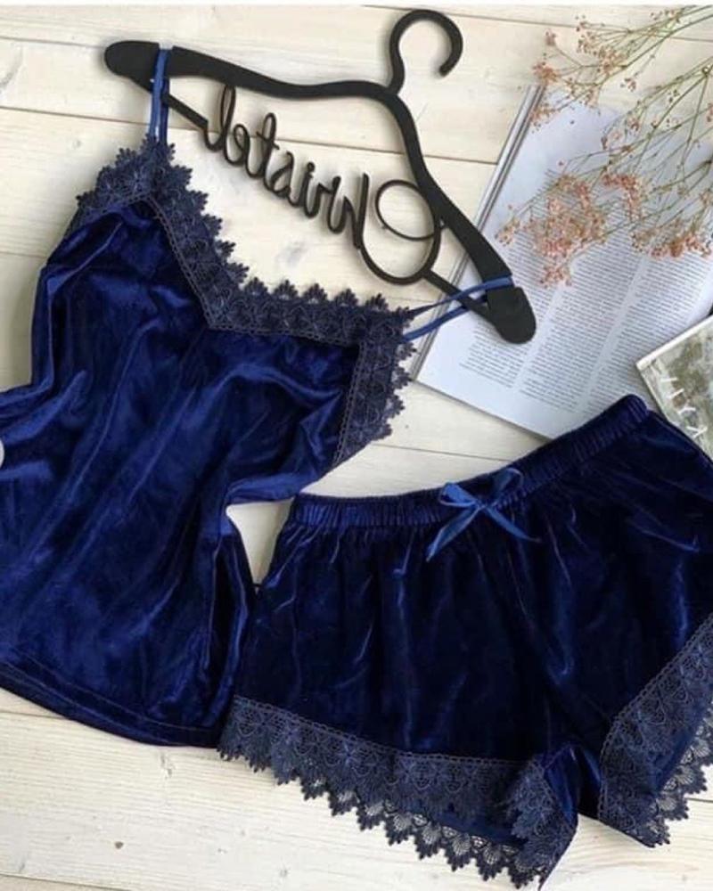 

Velvet Lace Trim Bowknot Design Cami Set, Blue